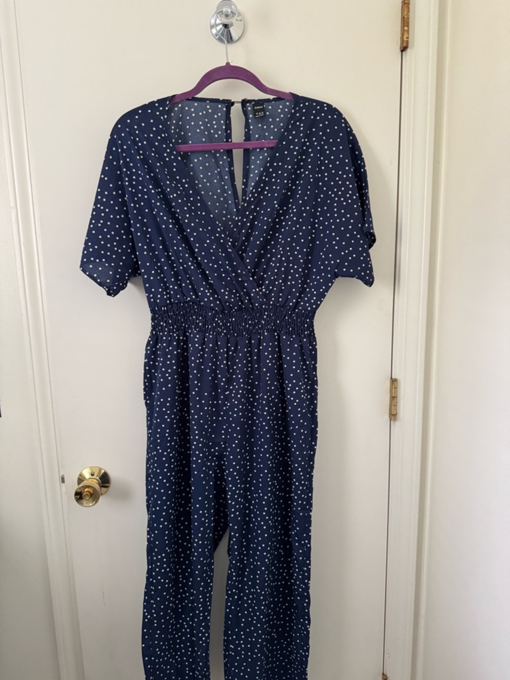 SHEIN Navy Blue Polka Dot Wrap Jumpsuit